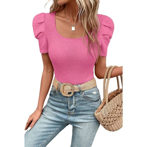 Bright Pink Waffle Knit Ruched Puff Sleeve Top New S, M, L, - Picture 5 of 12